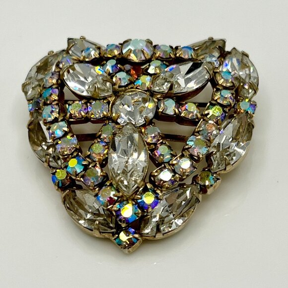 Large Vintage 1950s Heart Shaped Rhinestones Brooch Pin Layered - Picture 3 of 12